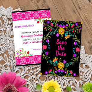 Save The Date Fiesta Florale Mexicaine & Picado Papel - Noir