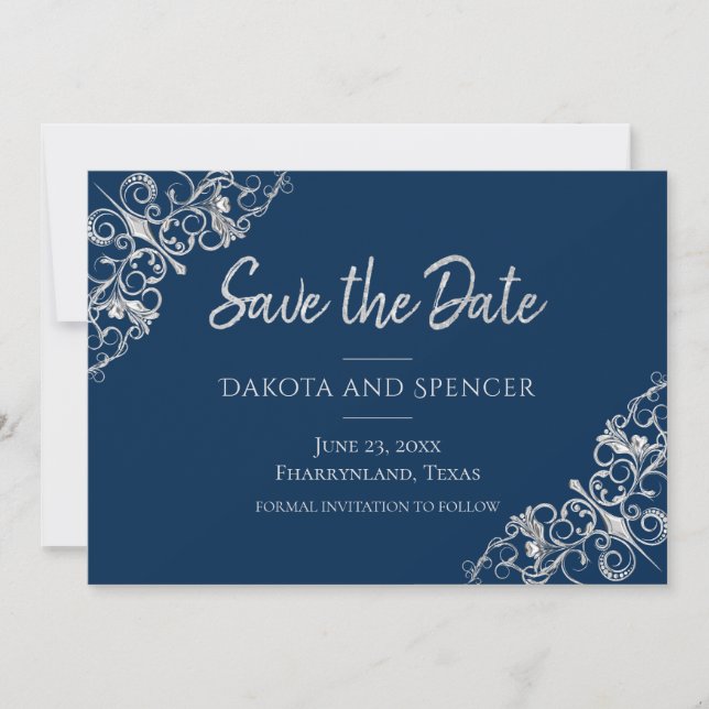 Save The Date Filigree Art déco | Silver Grey et Navy Blue (Devant)