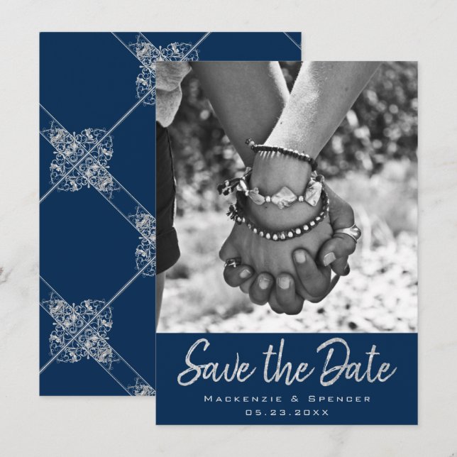 Save The Date Filigree Art déco | Silver Grey sur Navy Blue Phot (Devant / Derrière)