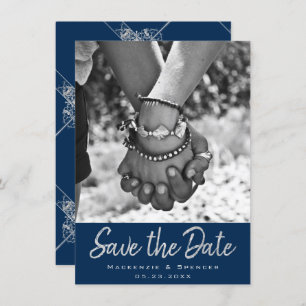 Save The Date Filigree Art déco   Silver Grey sur Navy Blue Phot