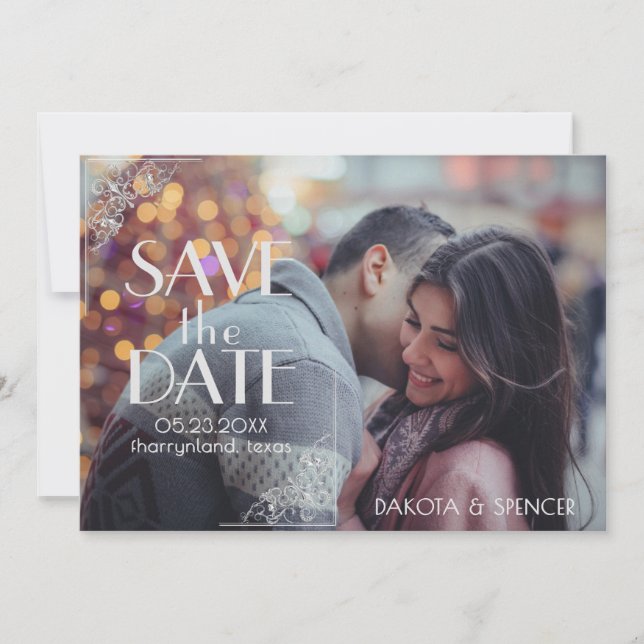 Save The Date Filigree Art déco | Silver Grey sur Navy Blue Phot (Devant)