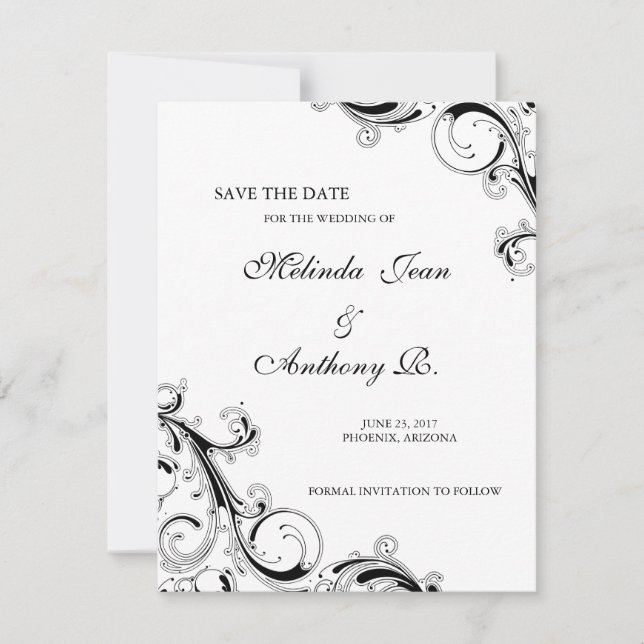 Save The Date Filigree Swirl noir avec blanc Enregistrer la date (Devant)