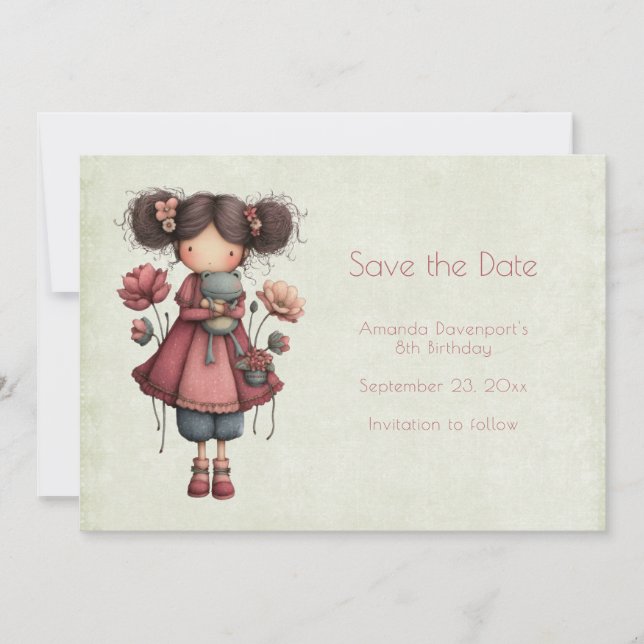 Save The Date Fille avec une poupée grenouille Anniversaire fant (Devant)