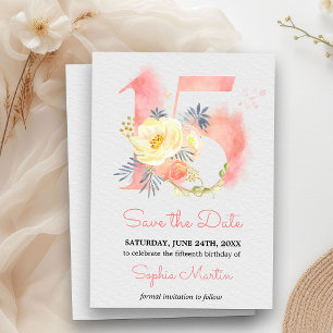 Save The Date Fille de 15 ans Rose Pâle Aquarelle Florale 15