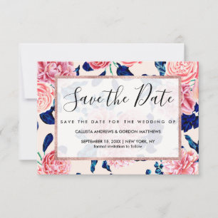 Save The Date Fille Rose Marine Bleu Pays Fleurs Peintes