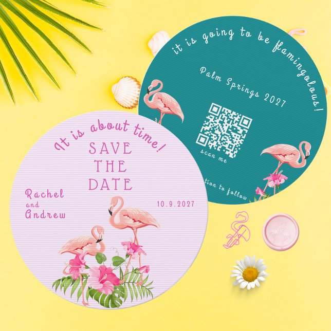 Save The Date Flamant rose floral tropical Mariage vert rose gra (Tropical Floral Flamingo Bold Pink Green Wedding Save The Date)