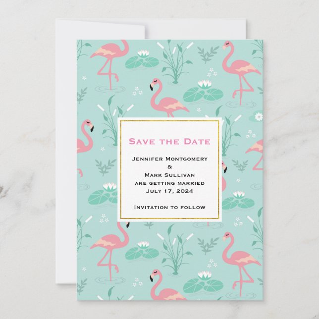 Save The Date Flamants roses rose Pastel sur Mariage Motif vert (Devant)