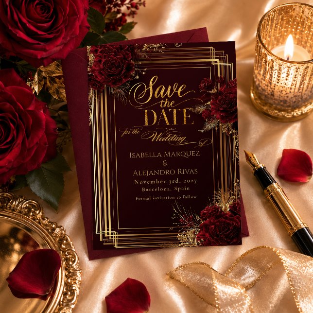Save The Date Flamenco Luxueux Bourgogne Or Rose (Stylish Burgundy and Gold Art Deco Save the Date)