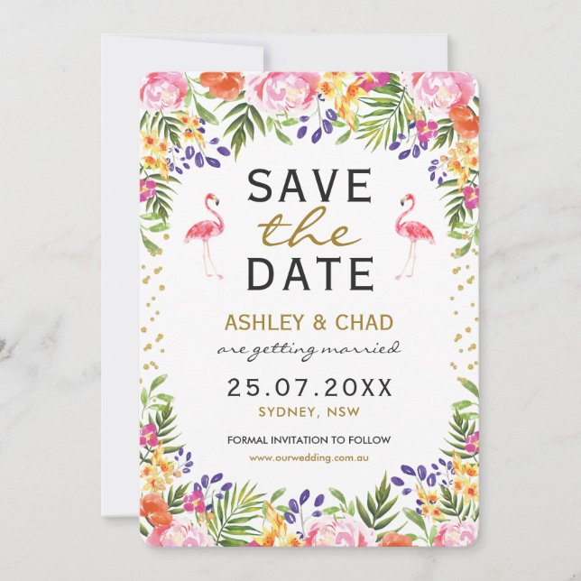 Save The Date Flamingo Floral Tropical Mariage Économisez La Dat (Devant)