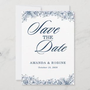Save The Date Fleur Bleu Blanc Élégant Simple Enregistrer La Dat