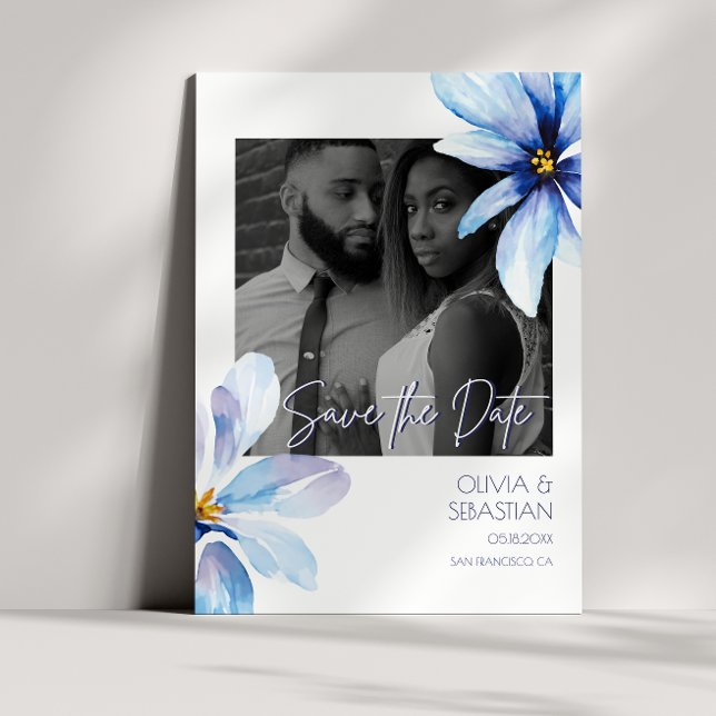Save The Date Fleur bleue Aquarelle noir blanc Mariage photo (Créateur téléchargé)