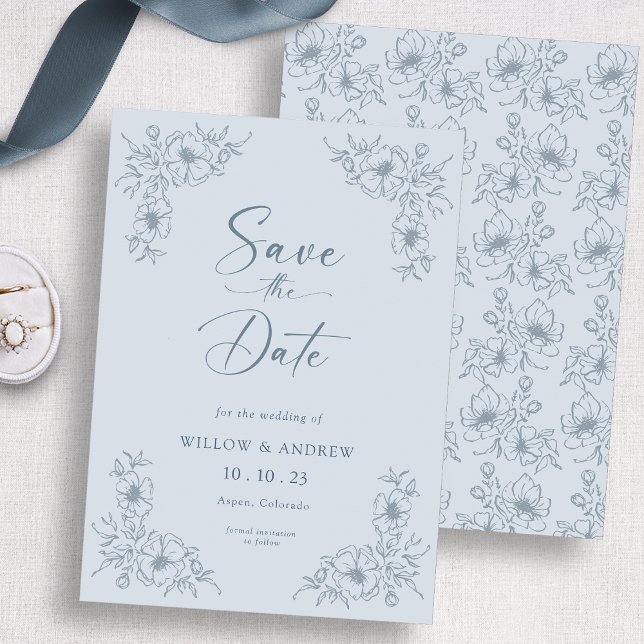 Save The Date Fleur Bleue Vintage (Vintage Blue Floral Save The Date
)