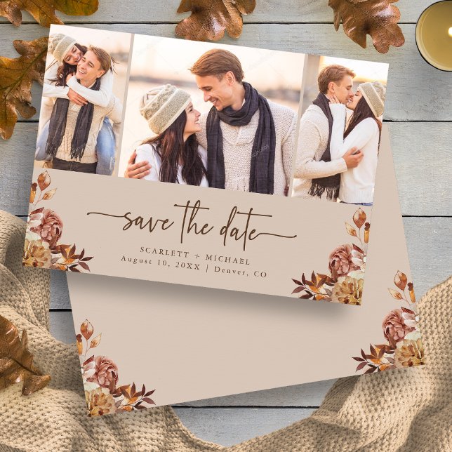 Save The Date Fleur d'Automne Taupe Photo (Elegant Taupe Autumn Floral Photo Save The Date Card by Painted Paperie
)
