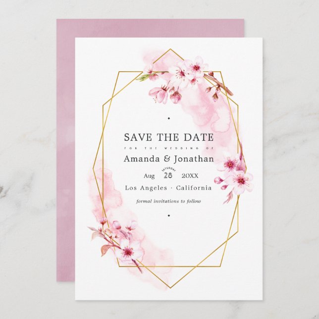 Save The Date Fleur de cerisier rose géométrique de mariage Phot (Devant / Derrière)