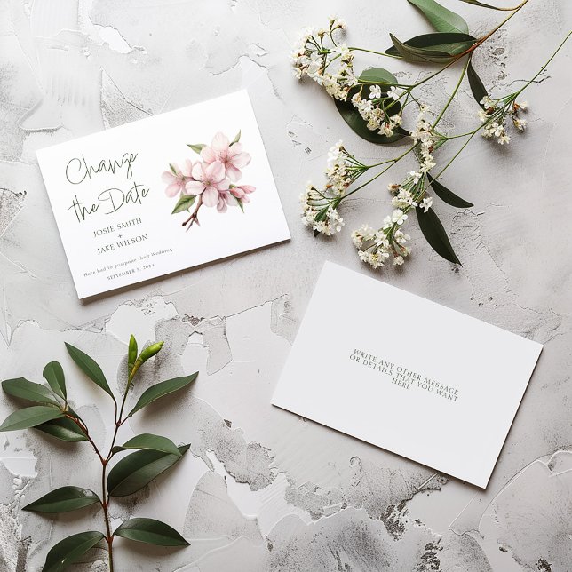 Save The Date Fleur de fleurs de cerisier rose changer la date (Romantic “Save the Date” card with soft pink floral blossoms watercolor illustration.)