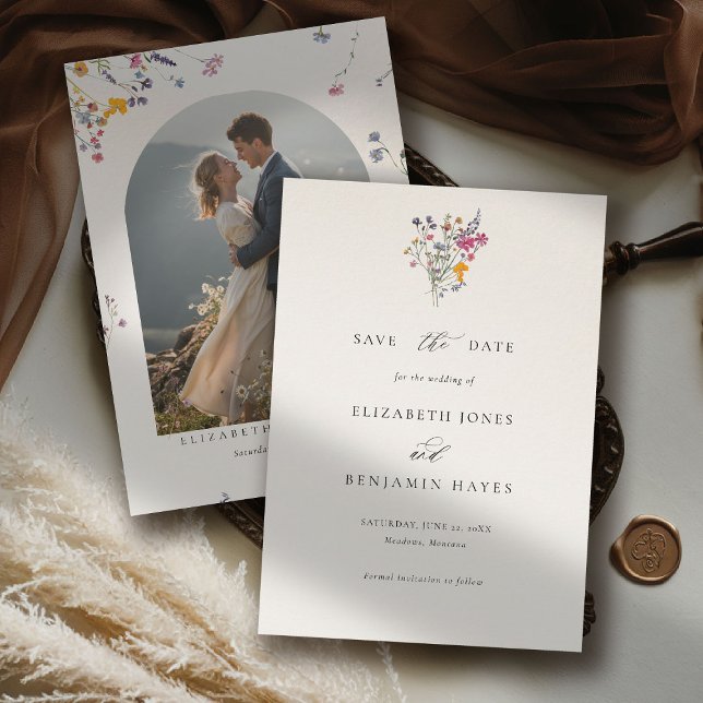 Save The Date Fleur de Grace Photo de mariage moderne aquarelle (wildflower wedding theme save the date romantic colorful watercolor pastel floral timeless classic)