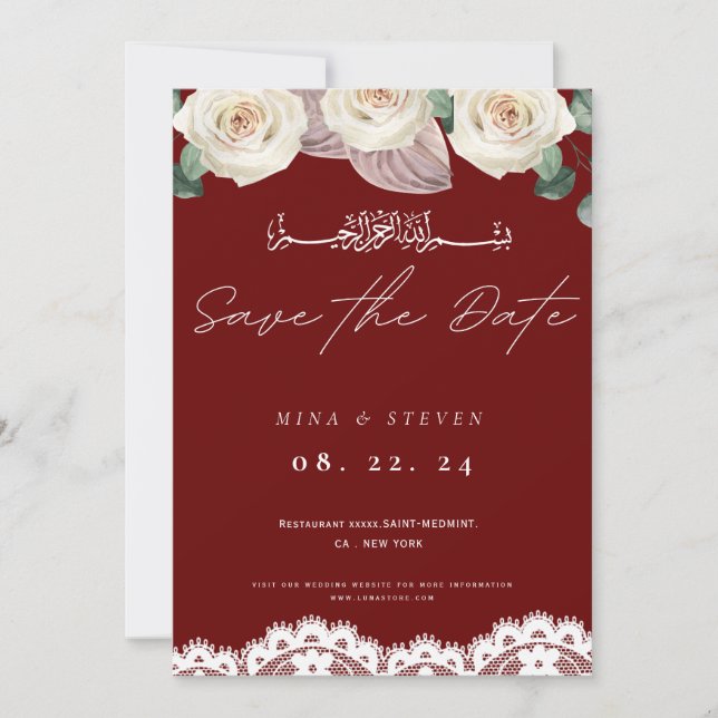 Save The Date Fleur de lace d'invitation musulmane rouge pour la (Devant)