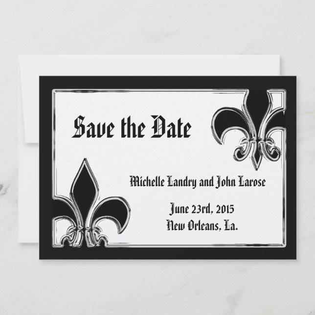 Save The Date Fleur de Lis Chrome Noir et Blanc Enregistrer la D (Devant)