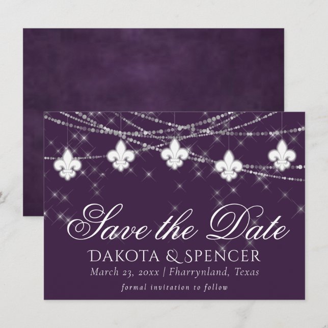 Save The Date Fleur de Lis Eggplant Lumières pourpres | Moody Pl (Devant / Derrière)