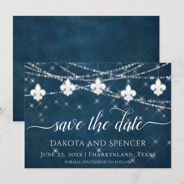 Save The Date Fleur de Lis Lumières Bleues Marine | Mariage rust (Devant / Derrière)