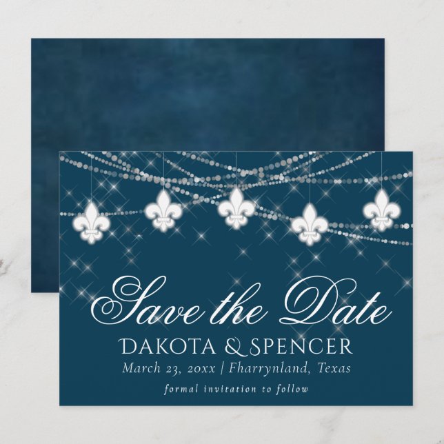 Save The Date Fleur de Lis Lumières Bleues Marine | Mariage rust (Devant / Derrière)
