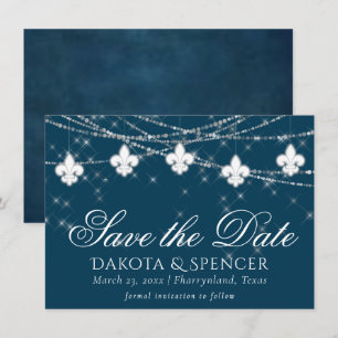 Save The Date Fleur de Lis Lumières Bleues Marine Mariage rust