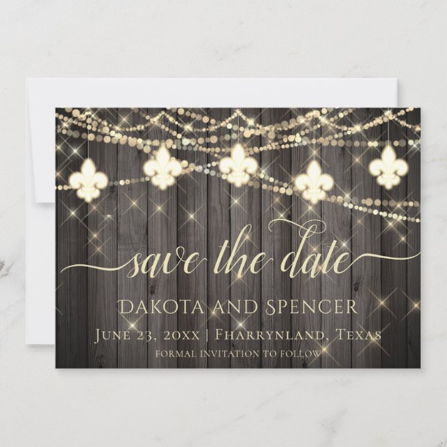 Save The Date Fleur de Lis Lumières Rustiques | Boho Chic Mariag (Devant)