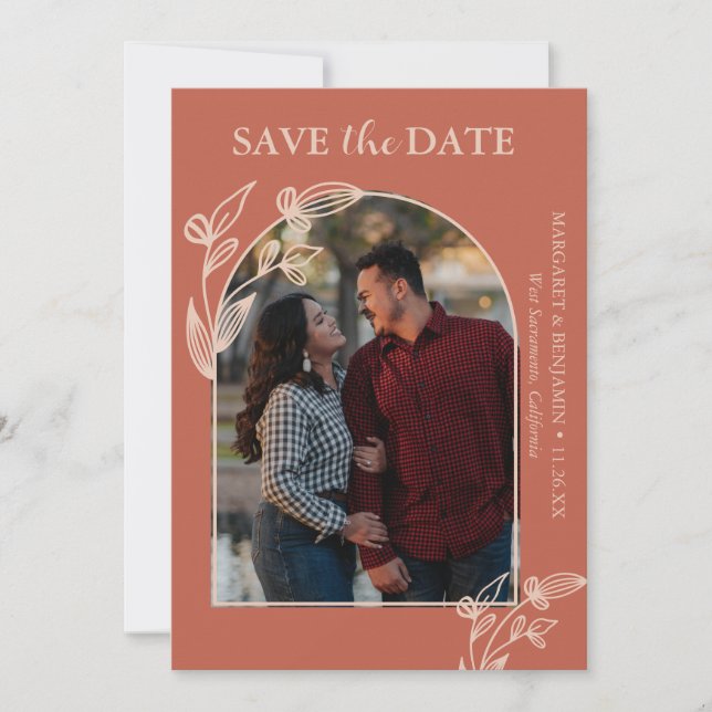 Save The Date Fleur de photo d'arche en terre cuite Boho (Devant)