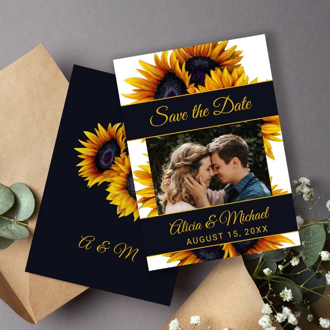 Save The Date Fleur de soleil | Mariage photo Gold et Navy (Créateur téléchargé)