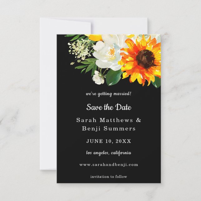 Save The Date Fleur de Soleil Noir & Flore Blanche Enregistrer L (Devant)