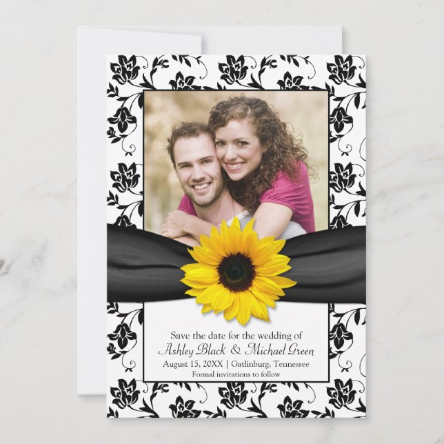 Save The Date Fleur de soleil noire jaune Floral Damask Enregist (Devant)