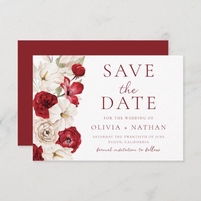 Save The Date Fleur divine : Mariage floral rouge et blanc (Devant / Derrière)