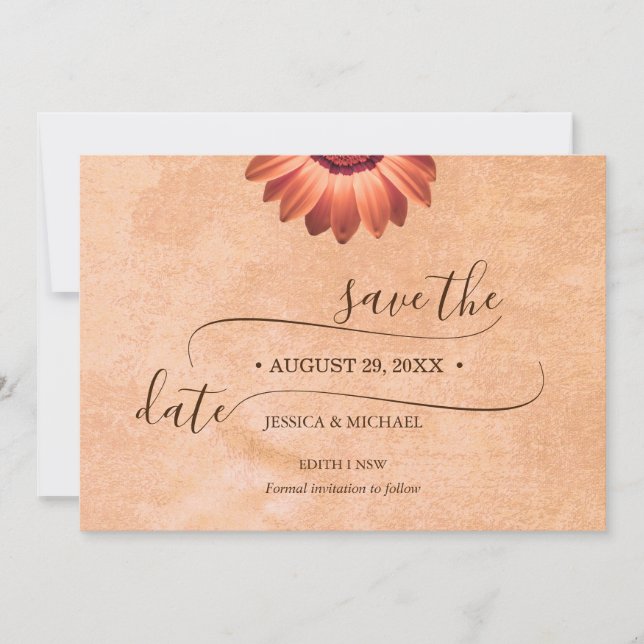 Save The Date Fleur Gerbera sur mariage abstrait pêche (Devant)