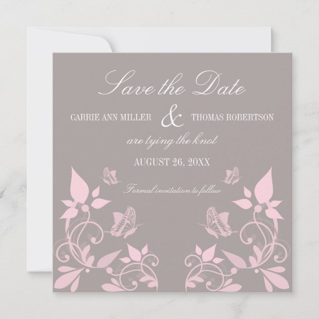 Save The Date Fleur papillon Enregistrer la date Invitation, ros (Devant)
