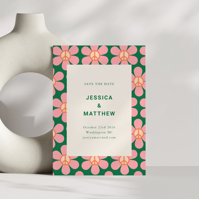 Save The Date Fleur Rétro Paix Rose Vert Mariage Groovy  (Créateur téléchargé)