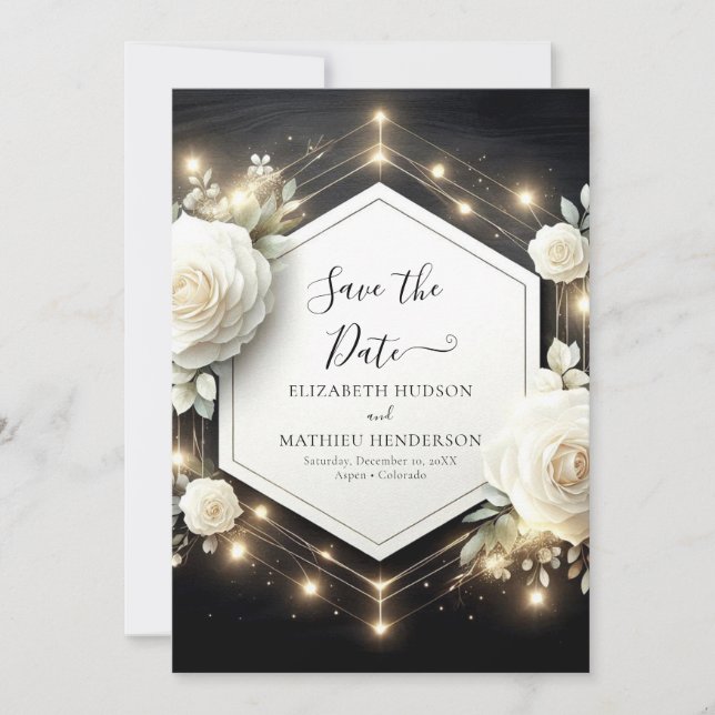 Save The Date Fleur romantique Roses blanches Mariage (Devant)