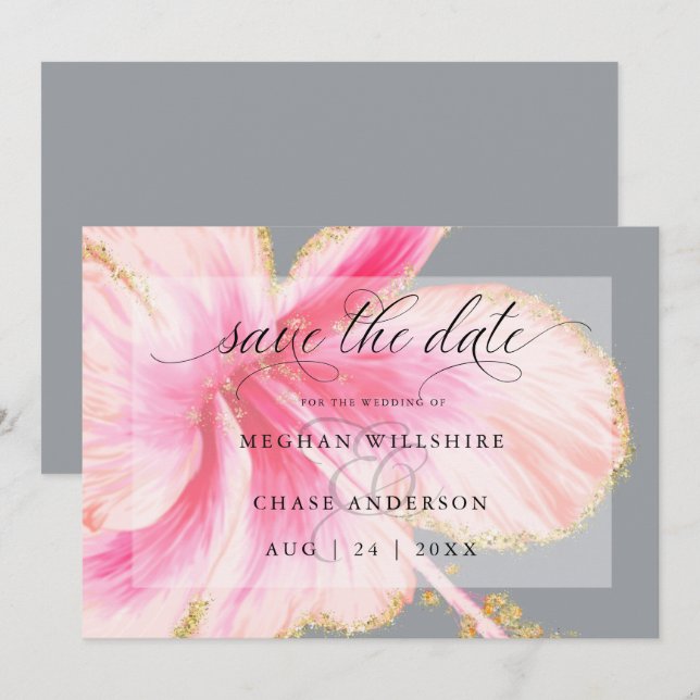 Save The Date Fleur Rose Aquarelle Rustique Tropicale (Devant / Derrière)
