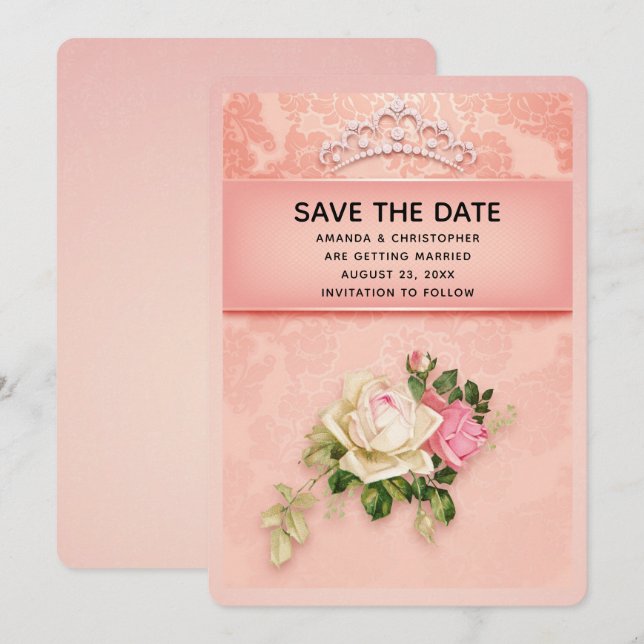 Save The Date Fleur rose avec Diamond Tiara Mariage élégant (Devant / Derrière)