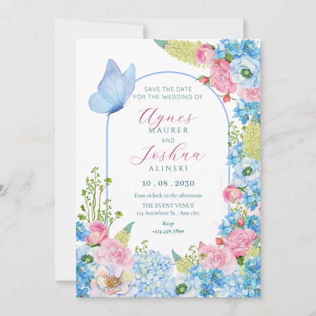 Save The Date Fleur rose bleue papillon mariage  (Devant)