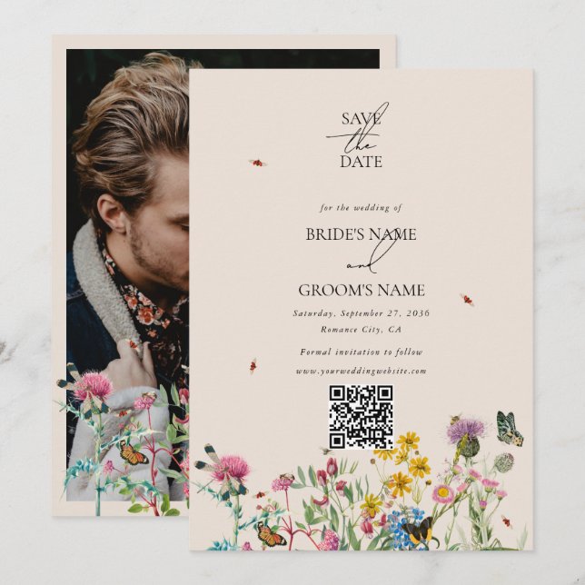 Save The Date Fleur sauvage Aquarelle Jardin Couple Photo Mariag (Devant / Derrière)