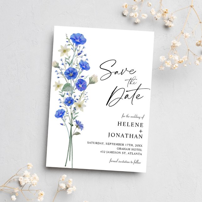 Save The Date Fleur sauvage Bleu Et Blanc Élégant Mariage (Blue And White Wildflower Elegant Wedding Save The Date)