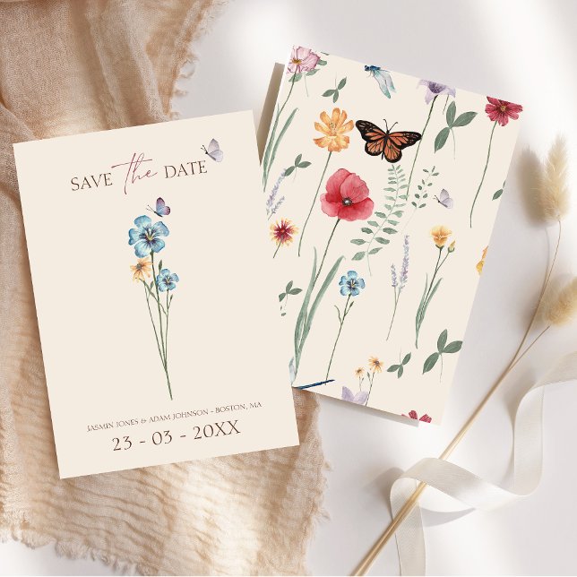 Save The Date Fleur sauvage bleu simple papillon Mariage floral (Simple Blue Wildflower Butterfly Floral Wedding Save The Date)