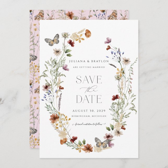 Save The Date Fleur sauvage Butterfly Floral Enregistrer La Date (Devant / Derrière)