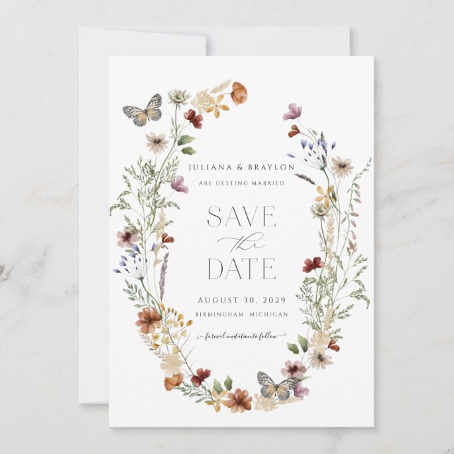 Save The Date Fleur sauvage Butterfly Floral Enregistrer La Date (Devant)