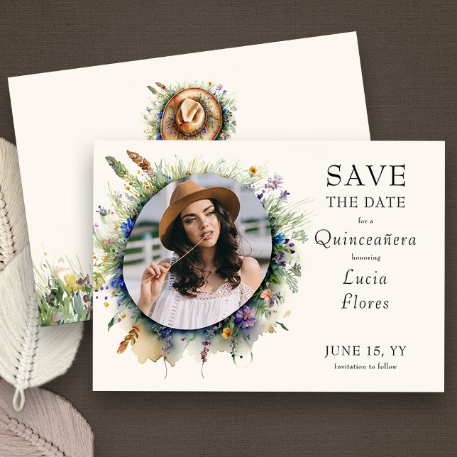Save The Date Fleur sauvage Cowgirl Rustique Floral Quinceanera  (Quinceanera Photo Save the Date from my Wildflower Cowgirl Hat Quinceanera Collection
)