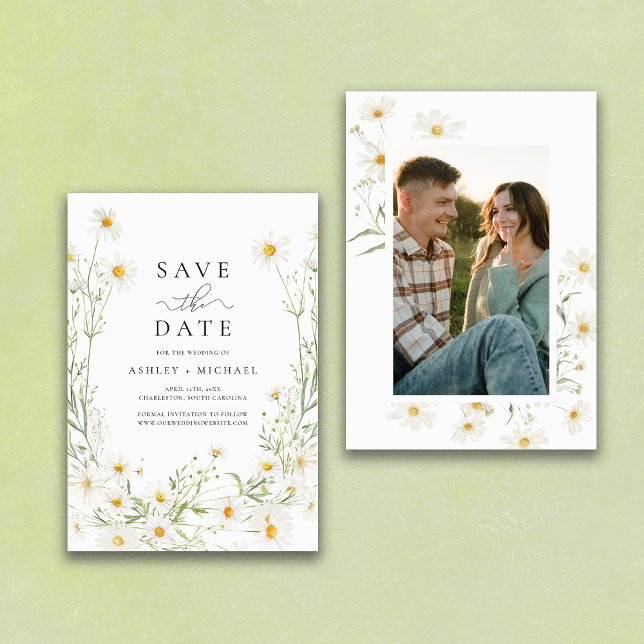 Save The Date Fleur sauvage Daisy White Boho Photo (Créateur téléchargé)
