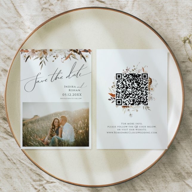 Save The Date Fleur sauvage d'automne Boho | Code QR photo (Créateur téléchargé)