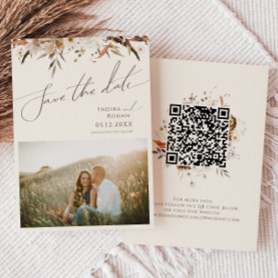 Save The Date Fleur sauvage d'automne Boho   Code QR photo beige