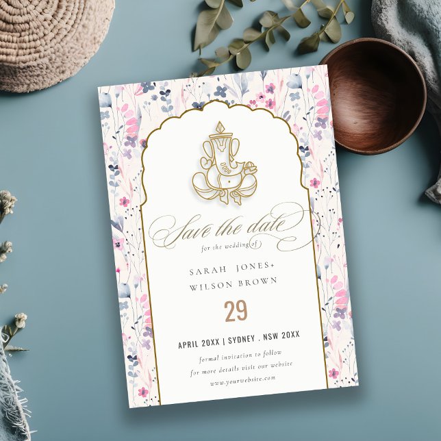 Save The Date Fleur sauvage d'or Blush Ganesh Mariage indien (Créateur téléchargé)