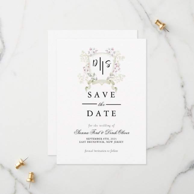 Save The Date Fleur sauvage Dusky Monogram Crest Mariage (Devant/Arrière en situation)